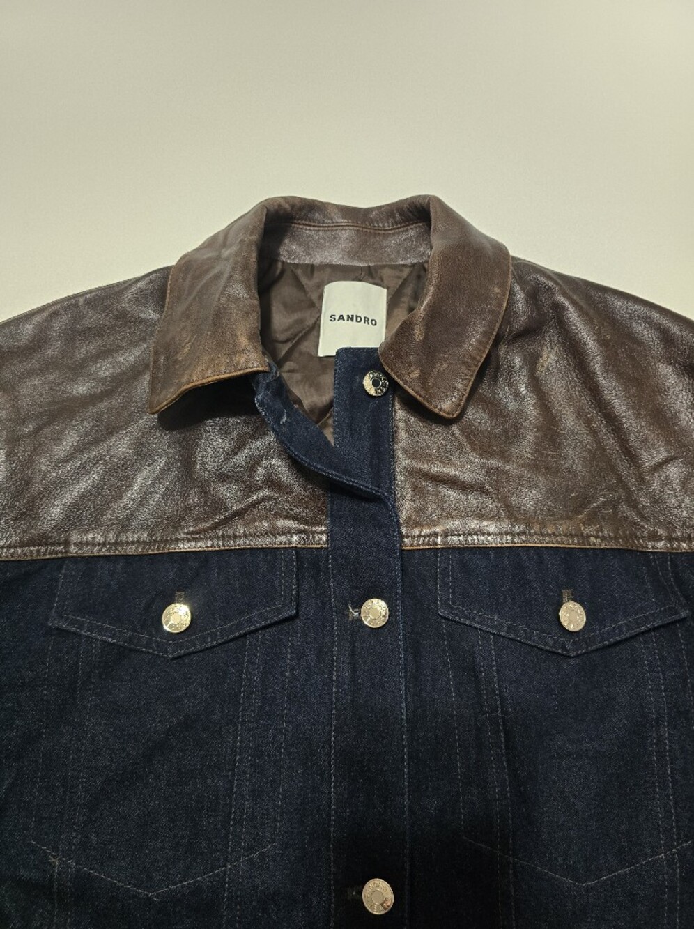 Sandro Raphael Denim Jacket With Leather Detail Long Sleeve Front Button Size L - Picture 5 of 16